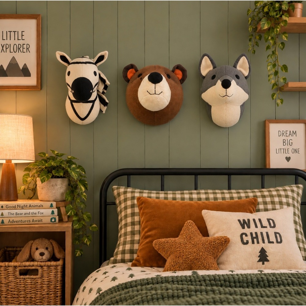 Target Pillowfort Animal Head Wall Decor Set Zebra Bear Wolf Kids Nursery 3pc